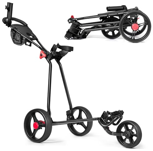 SPOTRAVEL 3 Wheel Golf Push Cart, Quick Folding Golf Bag Trolley with Scoreboard, Accessories Storage, Umbrella & Cup Holder, Lightweight Golf Pull Cart with Foot Brake