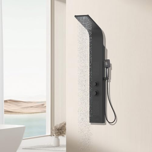 Elbe Panel de ducha de acero inoxidable para montaje en esquina, 3 funciones con ducha de lluvia, juego de ducha con alcachofa, ducha de lluvia y 2 duchas de masaje, juego completo de grifo de ducha