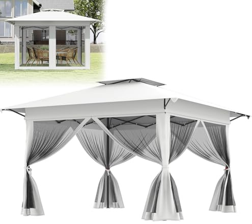 LZQ Trädgårdspaviljong 4 x 4 m, vikbar vattentät, pop-up paviljong med nätsidoväggar, justerbar höjd inkl. bärväska med hjul, UV-skydd, för trädgård terrass bakgård (vit)