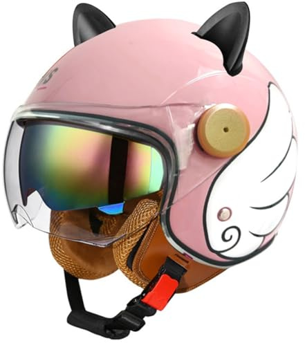 Casco Adulto Moto Cara Abierta con Orejas de Gato Mujer Hombre Scooter 3/4 Medio Cascos Doble Espejo Parasol Pantalla Solar Seguridad Forro Desmontable Certificación Dot Rosa L