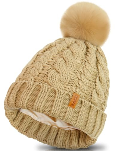 Donfri Gorro de Punto para Mujer, con Forro de satén, Gorro de Punto para Mujer, Gorro cálido, Caqui, Talla única