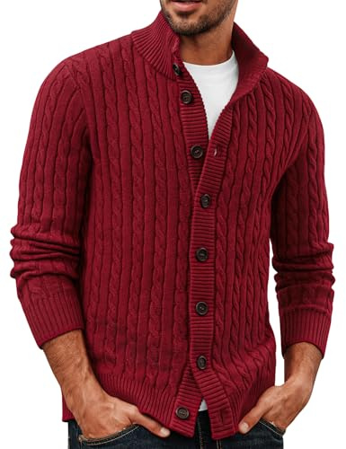 PJ PAUL JONES Chaqueta de punto para hombre con botones y patrón trenzado, punto grueso, cuello alto, cárdigan, rojo, M