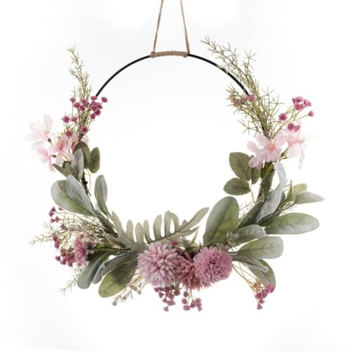 Corona di fiori artificiali, 41 cm, con dente di leone, crisantemo, dalia e orchidea, per matrimoni, feste, fiori di seta, anello in metallo durevole, facile da appendere alla porta, alla finestra