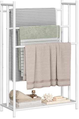 HOOBRO Portasciugamani da Terra, Portasalviette Bagno a 3 Livelli con Ripiani a Scala, Base in Rete con Piedini Regolabili, Scaffale Multiuso per Bagno e Casa, Bianco EWT09LB01