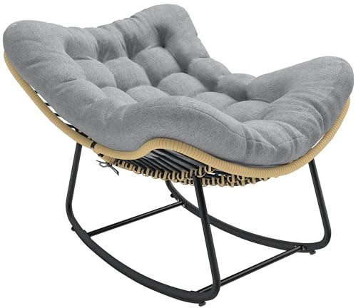 Outsunny Rattan Schaukelstuhl Schaukelsessel mit Dicke Kissen, Gartenschaukel bis 120 kg Indoor Outdoor Liegestuhl Gartenmöbel für Garten Terrasse 87 x 110 x 70 cm Grau