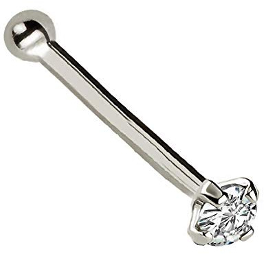Jewelry Avalanche Solid 14Kt Gold Nose Bone Stud, 24G (0.5mm) Nose Bone, Nose Stud, 14kt Yellow Gold or 14kt White Gold Nose Ring Prong Set CZ Accent-W1.5mm