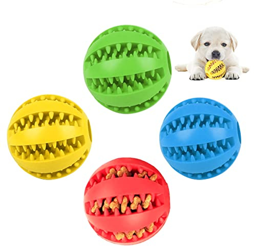 Forreen Balle Chien, 4 Pièces Jouet Caoutchouc Robuste pour Moyen et Petit Chien - Jeu à Mâcher pour Nettoyer Les Dents (Bleu Foncé, Vert, Rouge, Jaune)