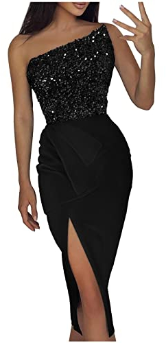 One shoulder-klänning för kvinnor, paljettklänning, tajt, lång och med slits, med hög midja, bodycon, glitterklänning, festklänning, nyårsklänning, svart, M