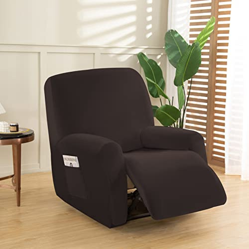 OKYUK Funda de Sillón Relax, Alta Elasticidad para Sillón Relax Reclinable Funda Reclinable 4 Piezas con Bolsillos Laterales, Extraíbles y Lavables Fundas Protector(Café)