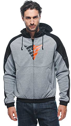 Dainese - Daemon-X Safety Hoodie Full Zip, Felpa Moto in Tessuto, Protezioni su Spalle e Gomiti, Giacca Moto da Uomo, Grigio Melange/Nero/Rosso Fluo, 56