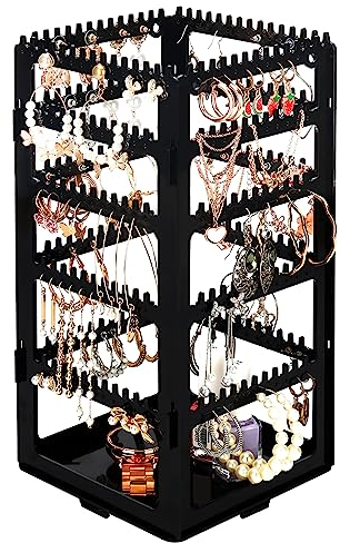 Kurtzy Faltbarer Acryl Schmuck Organizer - 5 Etagen & 4 Paneele für Ohrringe, Armbänder & Ketten Aufbewahrung - Für 220 Paar Ohrringe - Schmuckständer Schwarz 4-Seitiger Jewelry Organizer