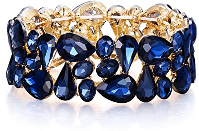 EVER FAITH Pulsera Elástica Mujer Lágrima Ovalada de Cristal para Boda Novia Azul Tono Dorado
