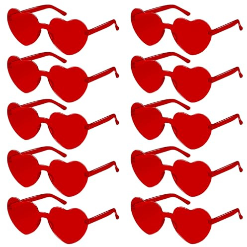 SelfTek Lunettes Cœur, 10 Paires Lunettes De Soleil Coeur, Lunette Soiree de Fête pour Anniversaire, Mariage, Carnaval, Halloween, Accessoires Photo pour Femmes, Hommes(Rouge)