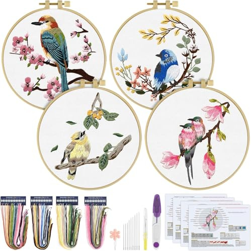 ERKOON Embroidery Kit for Beginners, 4 Sets Bird Flower Cross Stitch Kits for Adults Embellishment Starter Kits with Patterns and Instructions,Stitchery Clothes,Bamboo Hoops, Threads and Needles