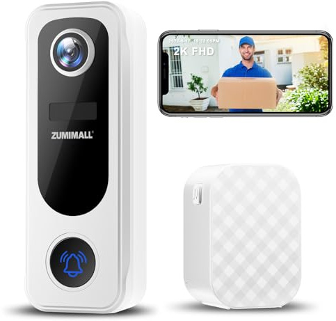 ZUMIMALL Doorbell Camera Wireless No Subscription - 2K Video Doorbell Wireless with Chime, 2 Way Audio, 30s Voice Message, Anti-Theft, AI Detection, Only 2.4GHz WiFi, Battery Powered, Work with Alexa
