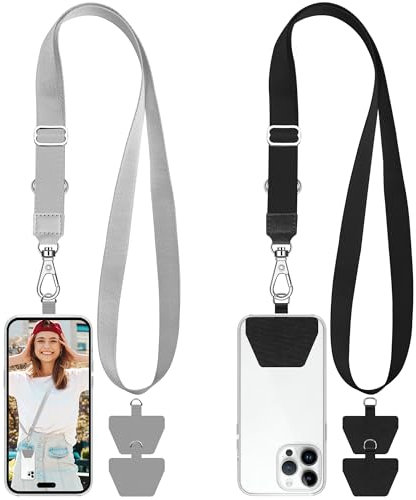 takyu Handy Band Zum Umhängen, 2 Stück Universal Handyband Schlüsselband Handy Umhängeband Einstellbares mit 4 aufklebenden Einlagen Kompatibel für iPhone, Samsung oder Alle Smartphone Schwarz & Grau