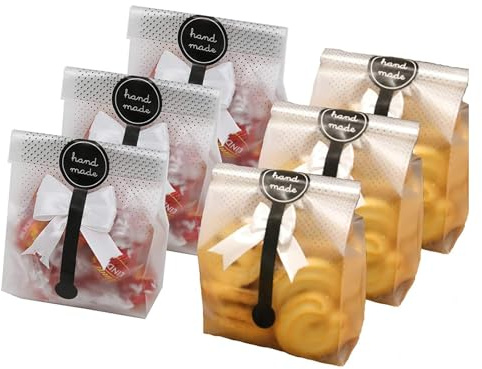 100pcs Plastic Cookie Bags, Translucent Candy Bags Food Wrapping bags with 100pcs Hand Made Stickers for Candy Cookie Chocolates Snack Wrapping Good Popcorn Bakery Birthday Wedding Party