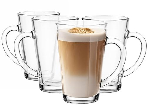 Glasmark KROSNO 1992 Gläser Set Kaffeegläser Teegläser Mit Henkel 4 Stück 300 ml Kaffee Tee Latte Glas Teetassen Glasbecher Trinkglas Spülmaschinengeeignet Iwo, Durchsichtig