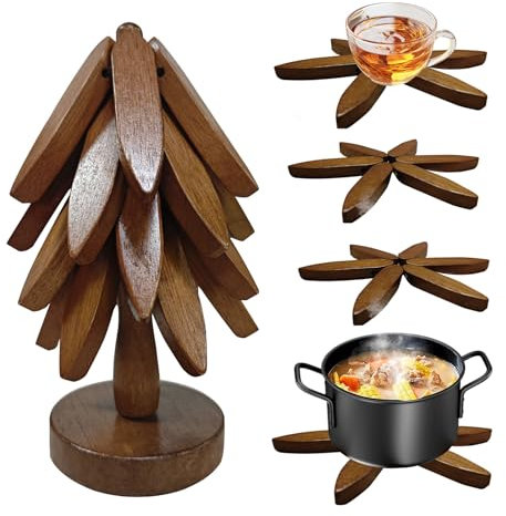 congumi Untersetzer Holz für Heiße Gerichte, Holzuntersetzer Baum Set-4 Topfuntersetzer Holz + 1 Ständer, Faltbare Topfuntersetzer Hitzebeständig für Teekanne, Pfanne, Schüssel