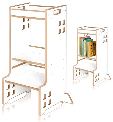 Lionelo Cass Montessori Lärotorn 2-i-1 Kitchen Helper & Bokhylla för Barn | Kökspall i Trä med Justerbar Höjd 3 Nivåer, Stabil & Säker Konstruktion, Lätt att Flytta & Rengöra, Från 12 Mån till 6 År