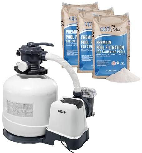 Intex 26651EG Krystal Clear 3000 GPH Sand Filter Pump for Above Ground Pools Bundled with OptiFlow 3 Pack Premium Pure Silica Filter Sand, 50 lb Bags