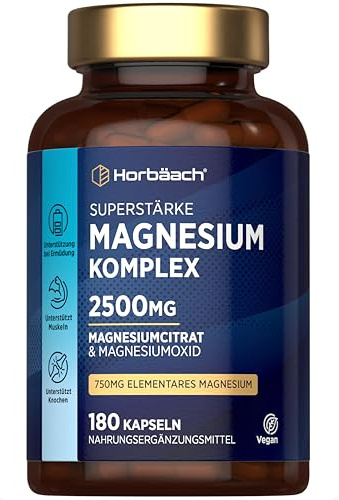 Magnesio Citrato 2500mg | con 750mg Magnesio Elementare | 180 Capsule Vegane | Citrato di Magnesio e Ossido di Magnesio | di Horbaach