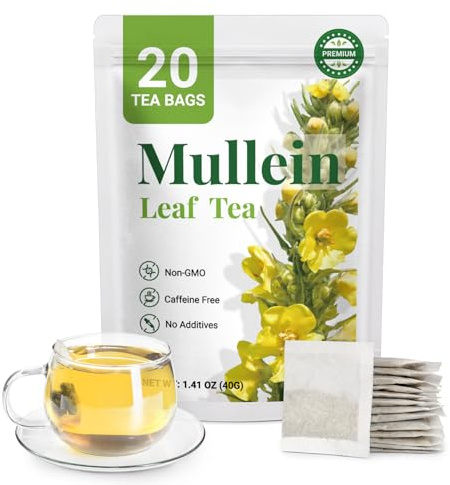 Premium 20 Mullein Tea Bags For Lungs - 100% Pure Mullein Leaf | For Lung Health & Respiratory Wellness Support | Caffeine Free - No Additives & Non-GMO | Plastic-Free, Plant-Based Tea Bags
