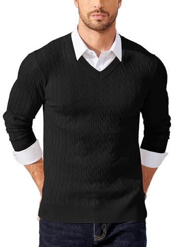 COOFANDY Men's V Neck Jumper Long Sleeve Knitted Sweater Plain Twisted Pullover for Men Black L