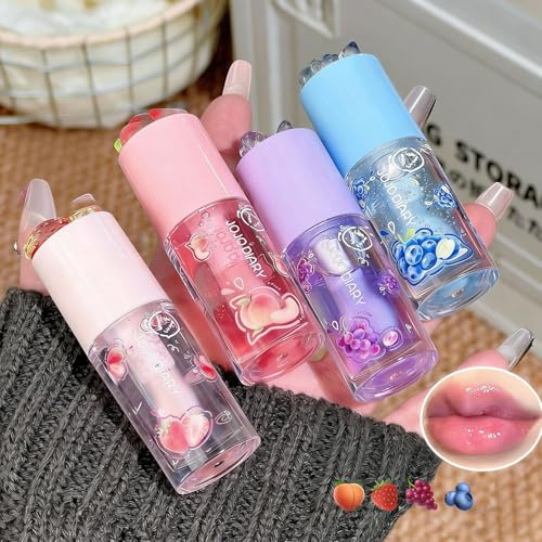 Baorder Lot de 4 flacons d'huile à lèvres hydratante avec glaçage aux fruits, gloss à lèvres hydratant à saveur de fruit, baume à lèvres longue durée et kit de soin des lèvres pour filles