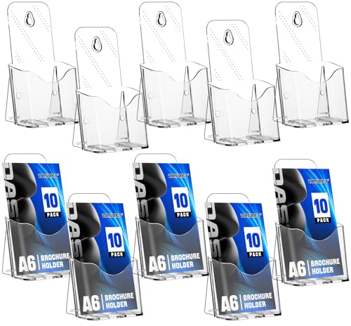 DASBET A6 Acrylic Brochure Holders, 10 Pack Perspex Brochure Holders | Pamphlet Holder Clear Literature Countertop Organizer Plastic Flyer Display Stand for Magazine, Document, Booklet