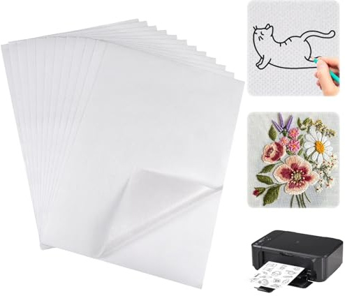 12 Piezas A4 (29,7x21cm) Autoadhesivo Soluble en Agua Papel de Bordar Imprimible, Estabilizador de Bordado Autoadhesivo Soluble en Agua, para Imprimir o Dibujar Patrones, Bordar a Mano y a Máquina