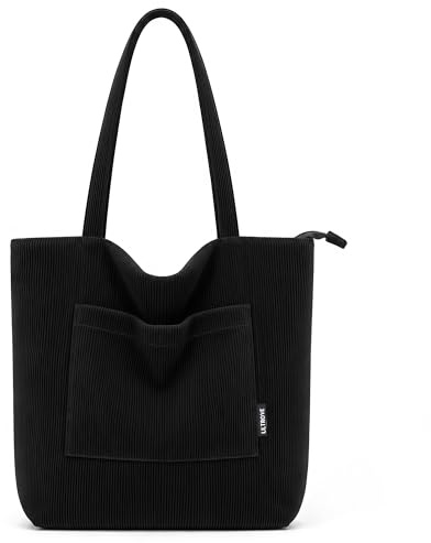 Ultrove Corduroy Tote Bag with Zipper Large Capacity Handbags Shoulder Bag Thicken Cord Tote Bag Big Casual Shopping Bag for Women Ladies for Work Travel College Daily Use(Black L)