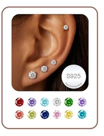 4 Pairs S925 Sterling Silver Earrings Set for Women Girls Hypoallergenic Dainty Crystal Cubic Zirconia Stud Birthstone Earring Set Birthday Christmas Valentine's Day Jewellery Gifts for Mum Sisters