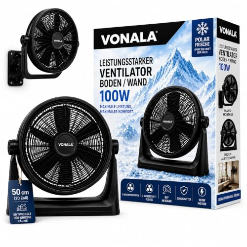 Vonala Ventilador de Suelo y Pared Industrial 100W Ventilador Potente 50cm Silencioso ABS Antivibración Fan Para Exterior e Interior Negro, Ventiladores Potentes Silenciosos
