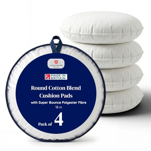 Lancashire Textiles - 4 Pack Luxury 18 Round Cotton Blend Cushion Pads with Super Bounce Polyester Fibre - Comfort and Durability for Home and Decor