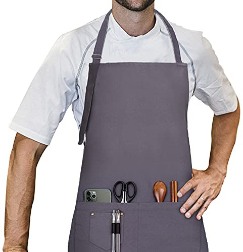 LessMo Tablier, 70 x 85 cm, 100% Tablier de Cuisine en Coton avec Cou réglable Sangle, qualité Professionnelle Tablier BBQ,Gris Foncé