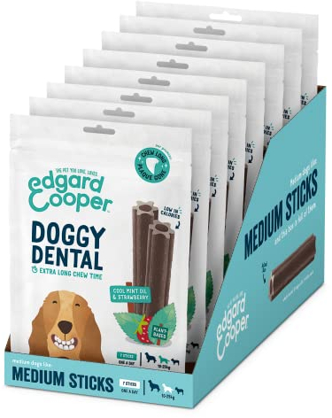 Edgard Cooper Treats Dental Stick, Medium - Mint & Strawberry - (8 x 7 Stickpackung), natürliche Hundekaustäbchen, Zahnhygiene, 1 pro Tag, kalorienarm, langes Kauen, frischer Atem
