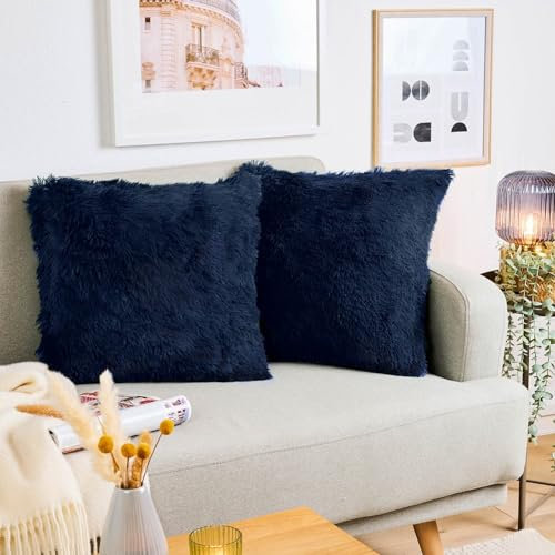 Blumtal 2er Set Kuscheliger Kissenbezug 45x45 cm - Dekokissen aus Kunstfell mit Reißverschluss weiche Kissenhülle - Flauschiger Bezug für Sofakissen Couchkissen, Oeko-Tex Zertifiziert, Dunkelblau