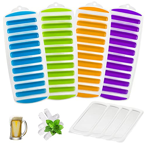 Bekecidi Lot de 4 moules à glace avec couvercle amovible, bac à glaçons long cylindrique créatif, bac à glaçons à fond en colle souple, facile à libérer du moule