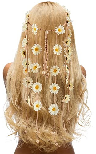 craspire Fleur Hippie Bandeau Tournesol Bandeaux Couronne Florale Boho Behemain Beige Daisy Hippie Casque avec Ajuster Perles Bandes de Cheveux Gland Accessoires de Cheveux