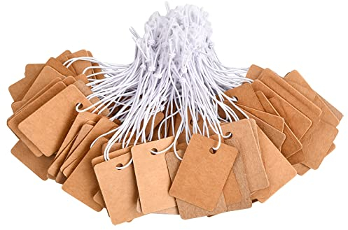 Xzeemo 100 piezas Etiquetas de Precio 20×30mm, Etiquetas de Marcado con Cuerda, Mini Etiquetas Precio de Joyeria, Etiquetas de Papel kraft en Blanco para Ropa Joyería Exhibición de Artesanía (Marrón)