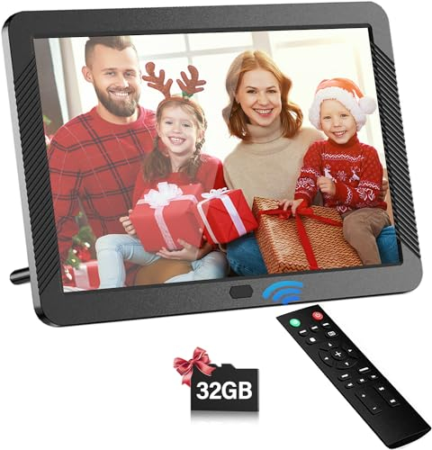 Digitaler Bilderrahmen 8 Zoll, FamBrow Elektronischer Bilderrahmen mit Fernbedienung und 32GB Karte, USB Video Fotorahmen mit Foto/Musik/Video Player/Kalender/Wecker-(Non WiFi)