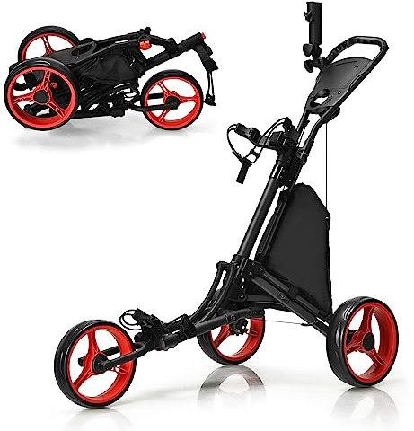 COSTWAY 3 Wheel Golf Push Pull Cart, Lightweight Foldable Golf Trolley with Adjustable Height Handle, Umbrella Stand, Insulation Storage Bag, Cup Holder and Foot Brake (Red)