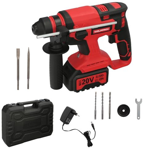 WOLFPACK LINEA PROFESIONAL Martillo SDS PLUS A Bateria 20 Volt. Con Bateria 4.0 Ah. 1.400 R.P.M. 3 Funciones Cincelar, Perforar y Perforar con Martillo
