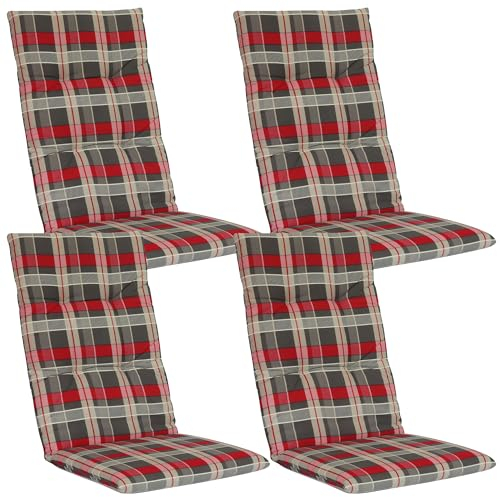 DILUMA Hochlehner Auflage Naxos für Gartenstühle 118x49 cm Karo Rot 4er Set - 6 cm Starke Stuhlauflage mit Komfortschaumkern und Bezug aus Baumwoll-Mischgewebe - Made in EU mit ÖkoTex100