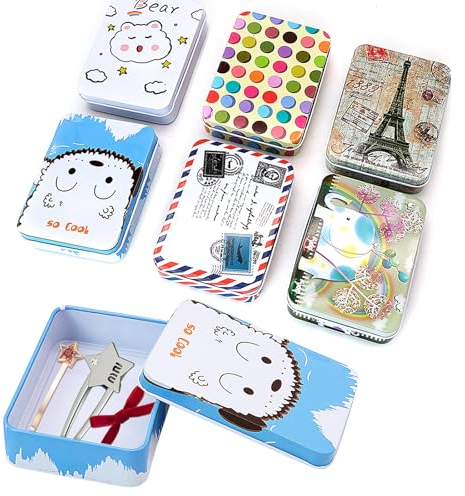 6 Stück Metalldose mit Deckel, Rechteckige Bonbondose Cartoon Vorratsdose Mini Eisenbox Multifunktions Retro Blechdose Leere Schachteln für kleine Geschenke, Gutscheine, Geld (9 x 6,5 x 2,5 cm)