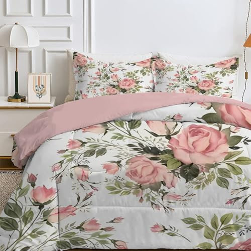 Qiwagu Bettdecke 135x200 4 Jahreszeiten, Wende Pinke Blumen Steppdecke Waschbare, Bettdecke ohne Bezug Nutzbar, Leicht Weiche Schlafdecke 200GSM, Ganzjahresdecke Weiß mit 1 Kissenbezug (ohne Kissen)