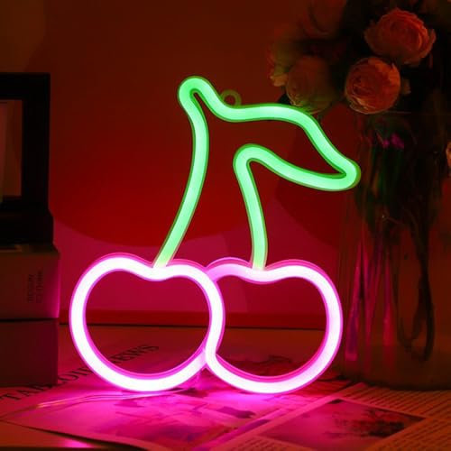 Mineup Cherry Neon Light, Pink Neon Wall Light, Cherry Neon Sign, LED Signs Cherry Neon Light Signs, Fruit Neon Lamp Sign, USB/Battery Powered Neon Night Light for Bedroom, Bar, Party, Christmas Decor