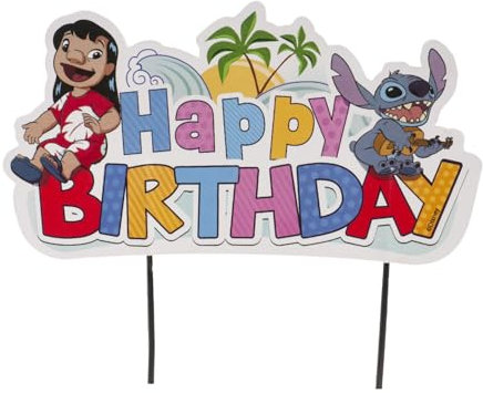 dekora - Cake Topper de Stitch Happy Birthday - Decoración para Tarta de Cumpleaños Apta para Contacto Alimentario - Topping de Papel y Plástico para Decorar Tartas - Medidas 16,5 x 13 cm