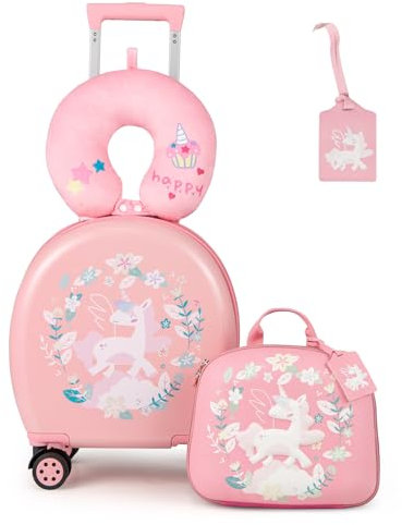 COSTWAY Valise Enfants à roulettes 14'' & Sac à Dos 10'', Ensemble de 4 Bagages Aérienne pour Enfants avec Oreiller de Cou Étiquette de Bagage, Valise Charge 35 L, pour Filles/Garçons (Licorne)